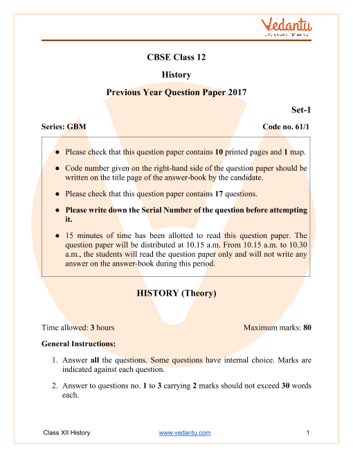CBSE Class 12 History Question Paper 2017 All India Scheme part-1