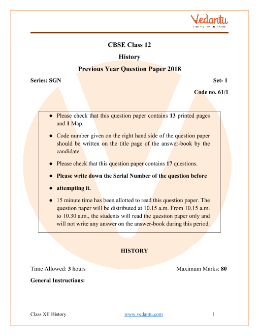 CBSE Class 12 History Question Paper 2018 with Solutions part-1