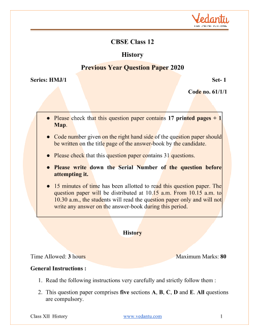 CBSE Class 12 History Question Paper 2020 with Solutions part-1