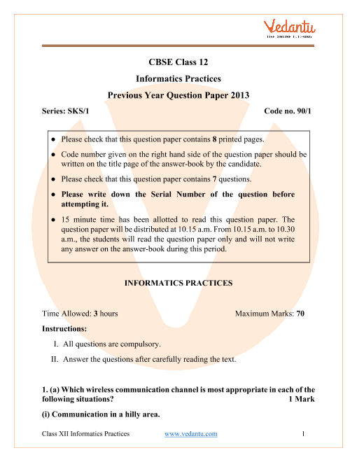 CBSE Class 12 Informatics Practices Question Paper 2013 part-1