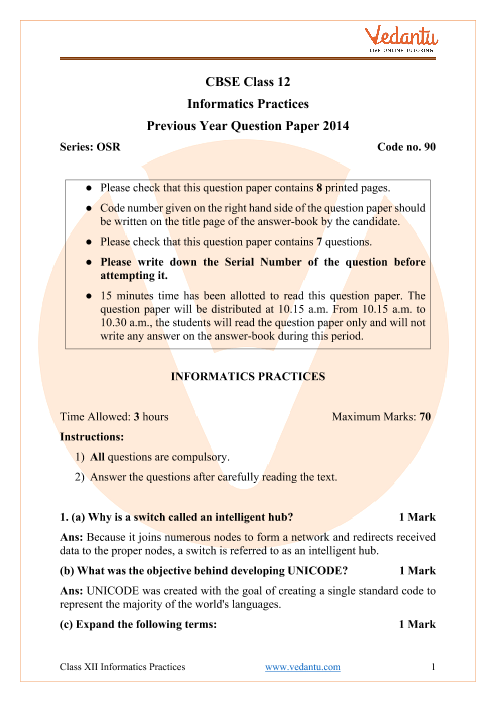 CBSE Class 12 Informatics Practices Question Paper 2014 with Solutions part-1