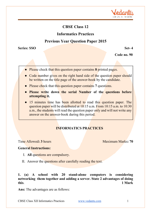 CBSE Class 12 Informatics Practices Question Paper 2015 All India Scheme part-1