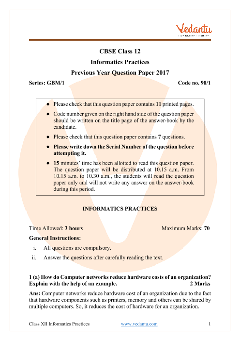 CBSE Class 12 Informatics Practices Question Paper 2017 Delhi Scheme part-1