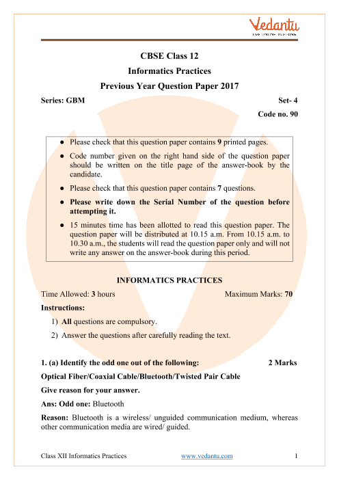 CBSE Class 12 Informatics Practices Question Paper 2017 with Solutions part-1