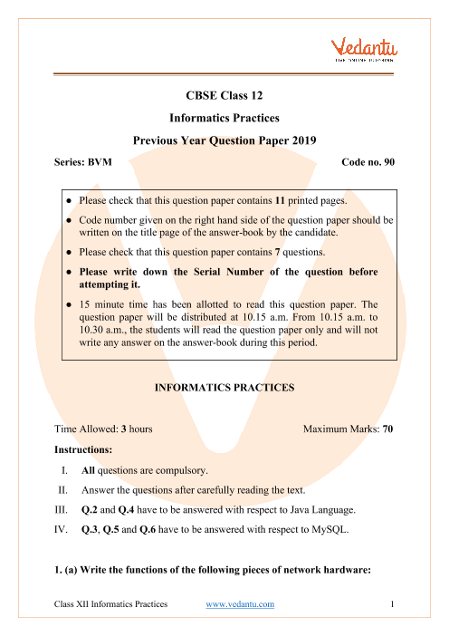 CBSE Class 12 Informatics Practices Question Paper 2019 part-1