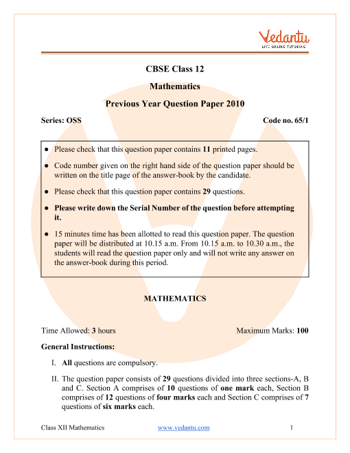 CBSE Class 12 Maths Question Paper 2010 with Solutions part-1