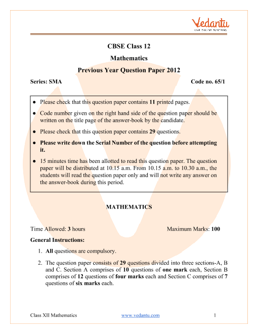 CBSE Class 12 Maths Question Paper 2012 part-1
