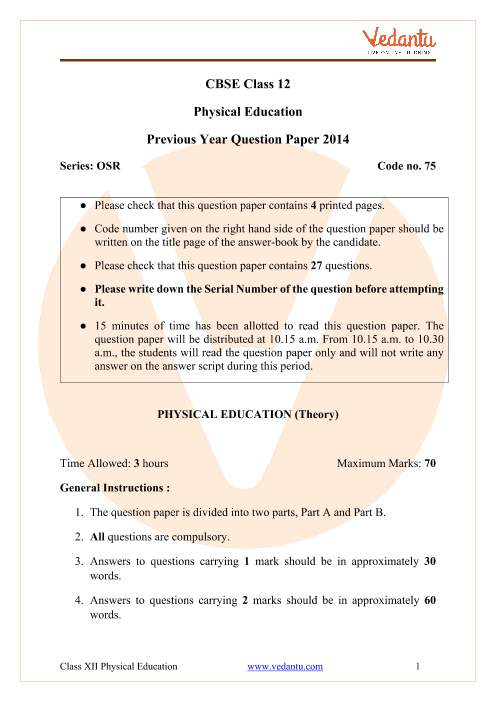 CBSE Class 12 Physical Education Question Paper 2014 part-1