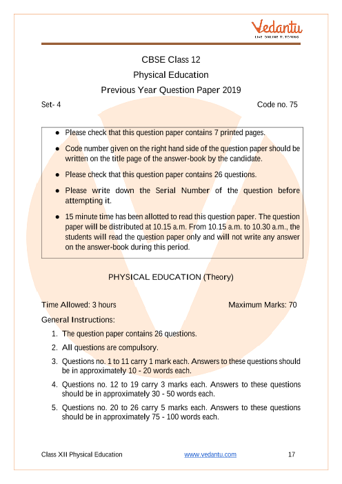 physical education class 12 question paper 2020