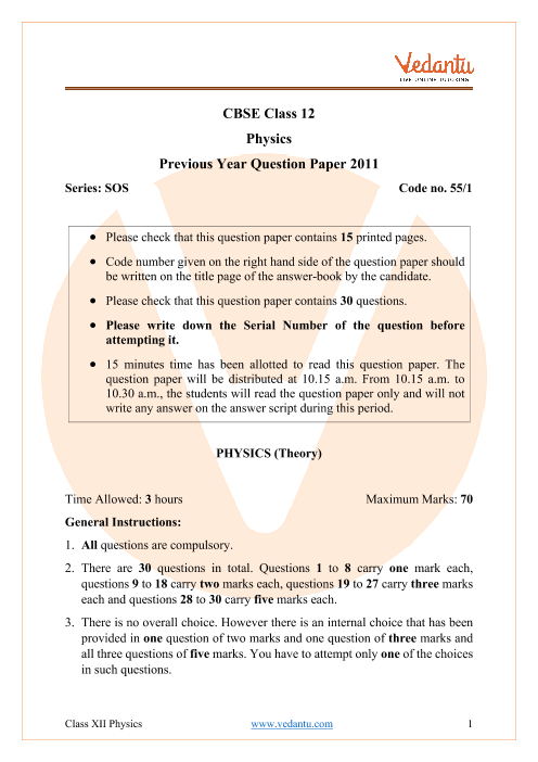 CBSE Class 12 Physics Question Paper 2011 part-1