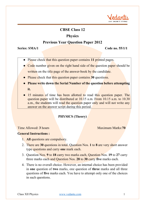 CBSE Class 12 Physics Question Paper 2012 part-1