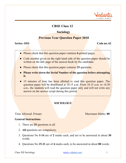 CBSE Class 12 Sociology Question Paper 2010 part-1