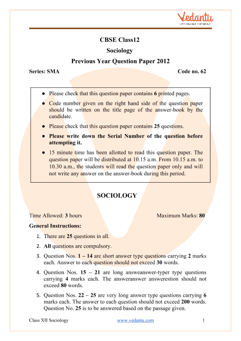 CBSE Class 12 Sociology Question Paper 2012 with Solutions part-1