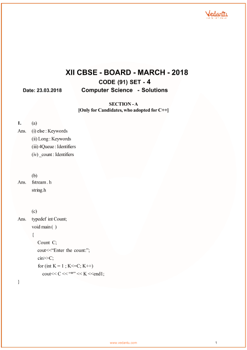 Previous Year Computer Science Question Paper for CBSE Class 12 - 2018