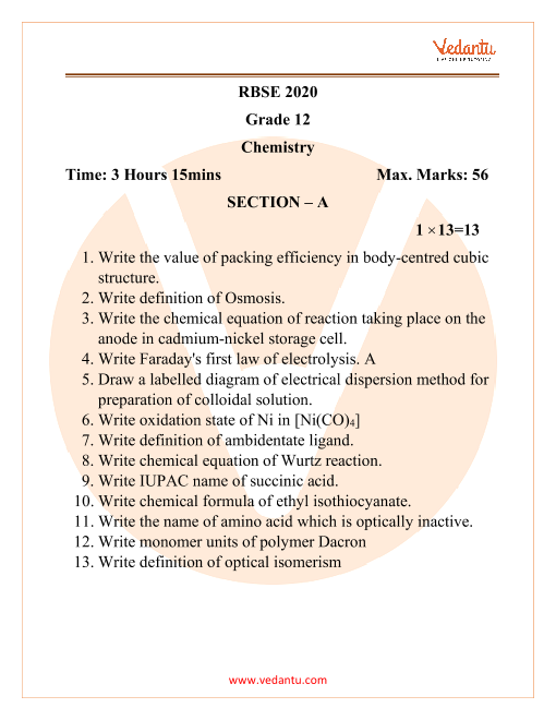 Rbse Class 12 Chemistry Question Paper 2020