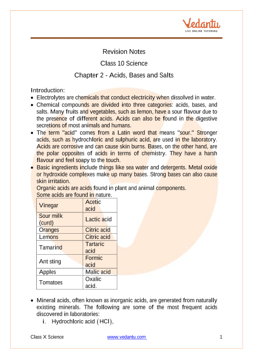 Acids, Bases, and Salts Class 10 Notes CBSE Science Chapter 2 [PDF]