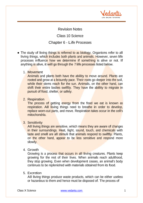 Life Processes Class 10 Notes CBSE Science Chapter 6 [PDF]