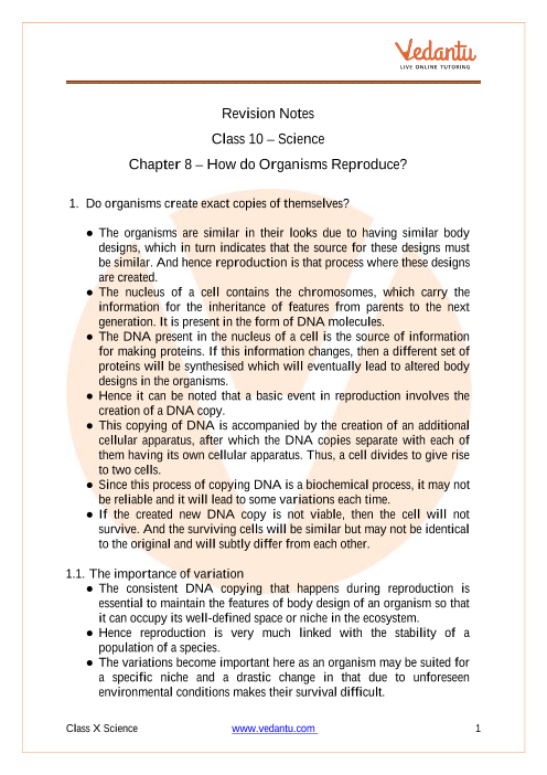 How Do Organisms Reproduce Class 10 Notes Science Chapter 8 [PDF]