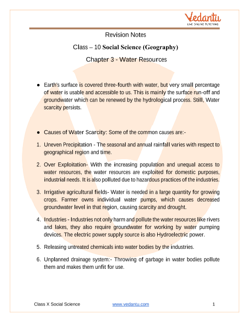CBSE Class 10 Geography Chapter 3 Notes - Water Resources part-1