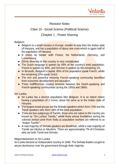 Power Sharing Class 10 Notes CBSE Political Science Chapter 1 [PDF]
