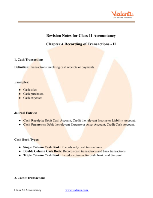 Recording of Transactions II Class 11 Notes CBSE Accountancy Chapter 4 [PDF]