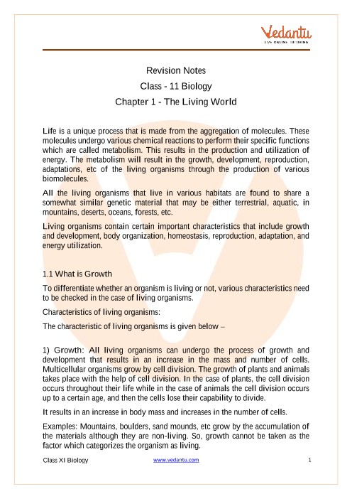 CBSE Class 11 Biology Chapter 1 - The Living World Revision Notes