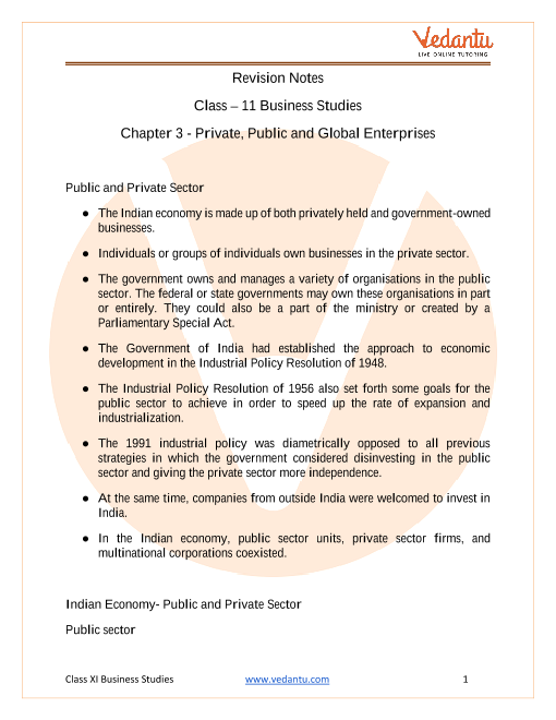 Cbse Class 11 Business Studies Chapter 3 Private Public And Global Enterprises Revision Notes