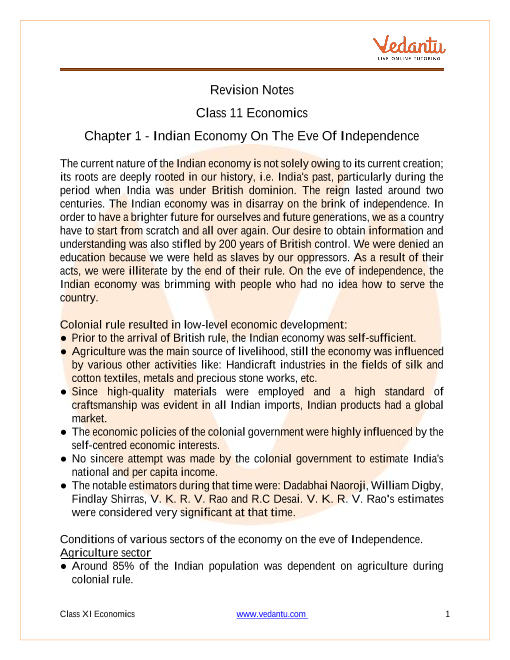 Indian Economy On The Eve Of Independence Class 11 Notes Cbse Economics Chapter 1 Pdf