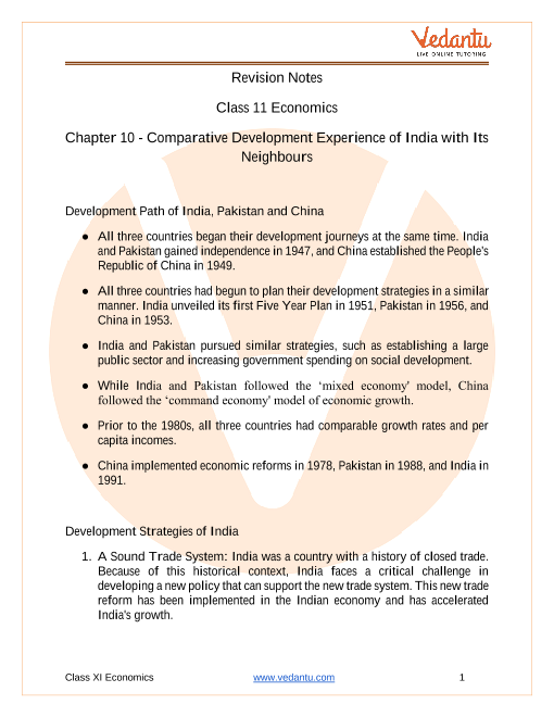 Comparative Development Experiences Of India Class 11 Notes Cbse Economics Chapter 10 Pdf