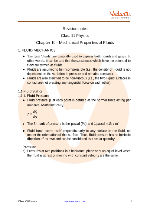 Class 11 Physics Revision Notes For Chapter 10 Mechanical Properties Of Fluids