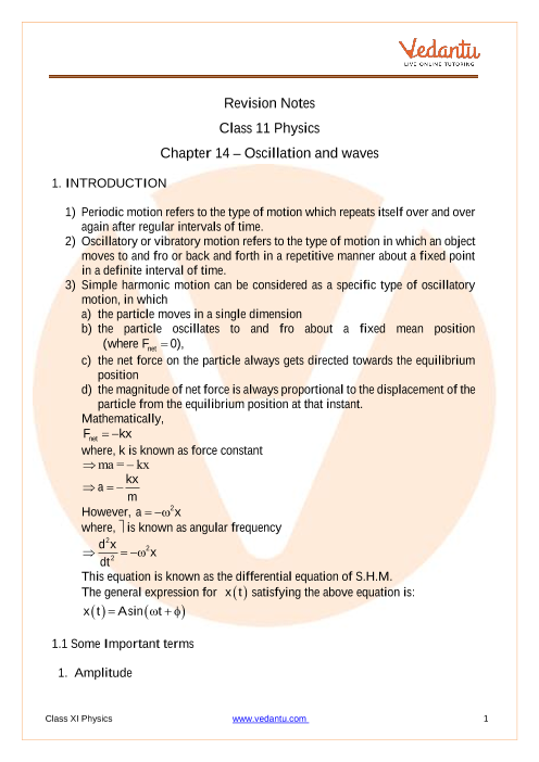 Class 11 Physics Revision Notes For Chapter 14 Oscillations