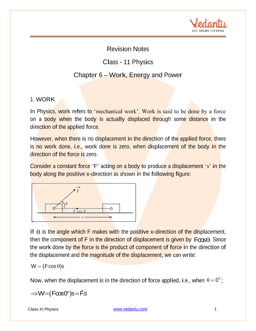 Class 11 Physics Revision Notes For Chapter 6 Work Energy And Power