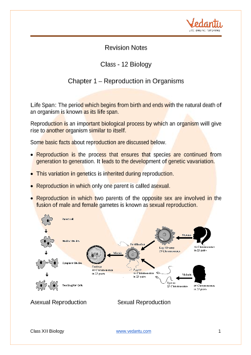 Reproduction in Organism Class 12 Notes CBSE Biology Chapter 1 [PDF]