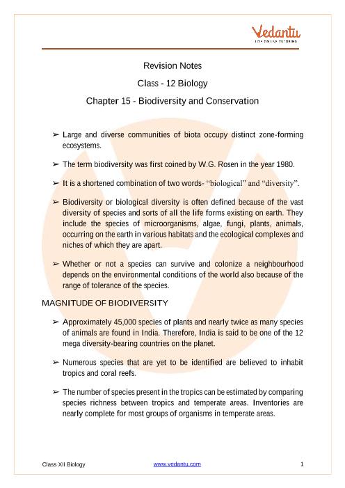 Biodiversity and Conservation Class 12 Notes CBSE Biology Chapter 15 [PDF]