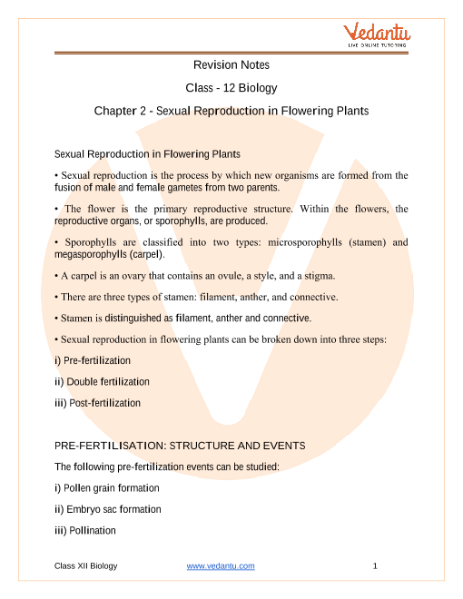 Cbse Class 12 Biology Chapter 2 Sexual Reproduction In Flowering Plants Revision Notes