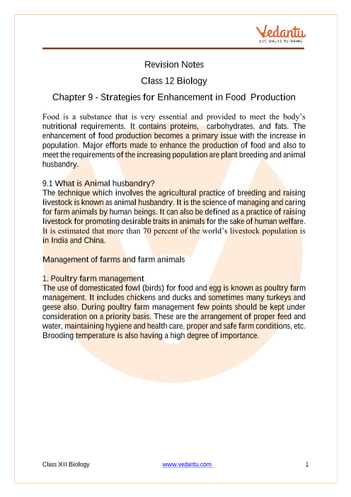 Strategies for Enhancement in Food Production Class 12 Notes CBSE Biology  Chapter 9 [PDF]