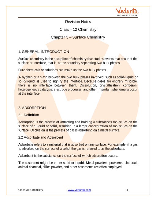 Class 12 Chemistry Revision Notes For Chapter 5 Surface Chemistry