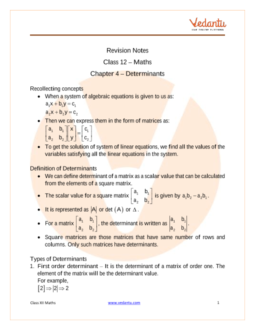Class 12 Maths Revision Notes For Determinants Of Chapter 4