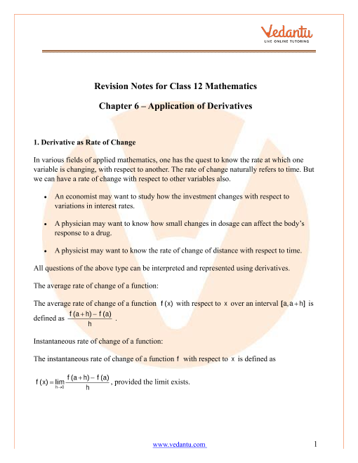Application of Derivatives Class 12 Notes CBSE Maths Chapter 6 [PDF]