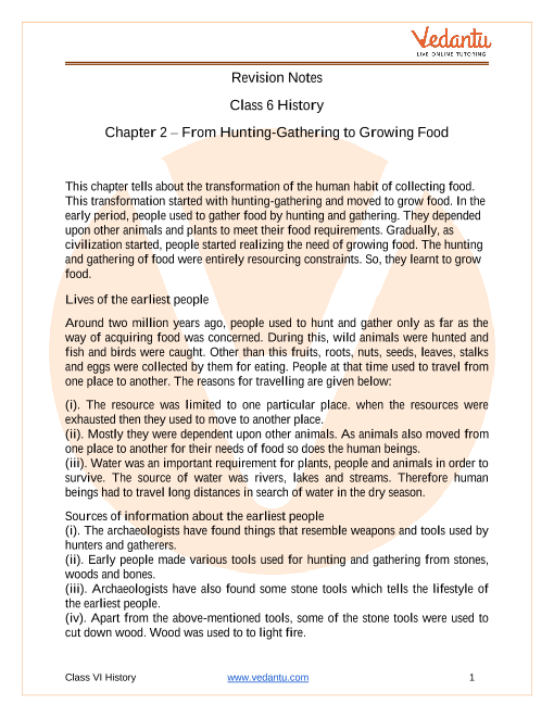 From Hunting-gathering to Growing Food Class 6 Notes CBSE History Chapter 2  [PDF]