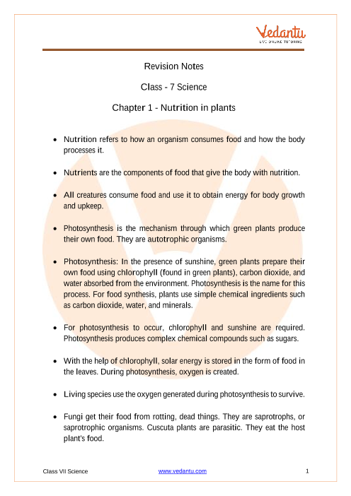 Nutrition in Plants Class 7 Notes CBSE Science Chapter 1 [PDF]