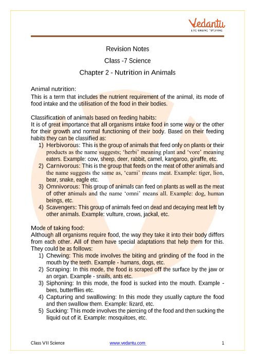 Nutrition in Animals Class 7 Notes CBSE Science Chapter 2 [PDF]