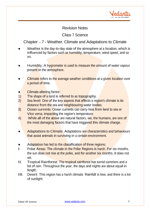 Weather, Climate and Adaptations of Animals to Climate Class 7 Notes CBSE  Science Chapter 7 [PDF]