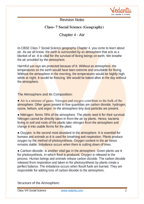 CBSE Class 7 Geography Chapter 4 Notes - Air part-1