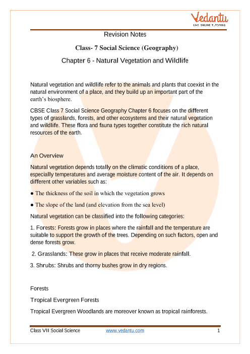CBSE Class 7 Geography Chapter 6 Notes - Natural Vegetation and Wildlife part-1