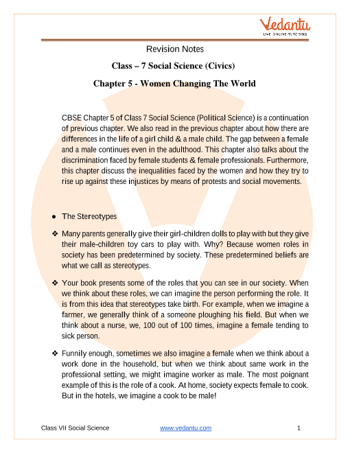 Access Class 7 Political Science (Civics) Chapter 5 - Women Change The World part-1