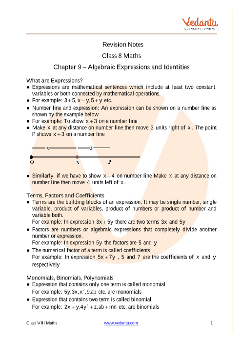 Cbse Class 8 Maths Chapter 9 Algebraic Expressions And Identities Revision Notes