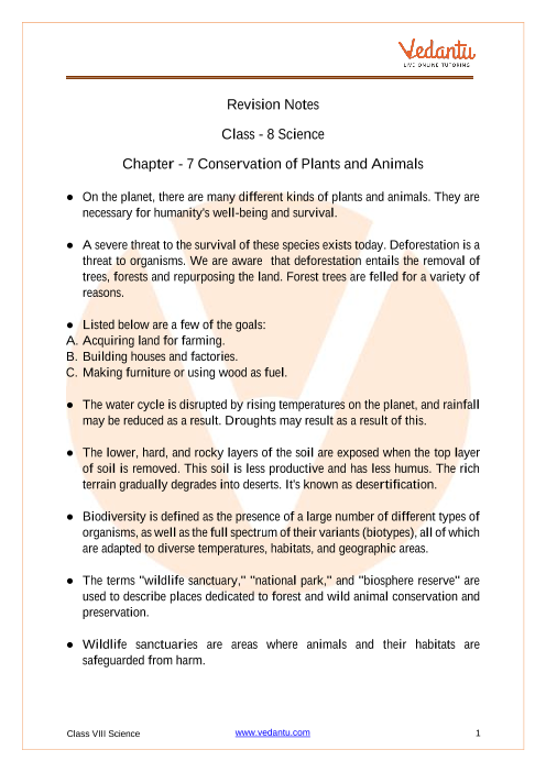 Conservation of Plants and Animals Class 8 Chapter 7 Science Notes -  Revision Notes Free PDF