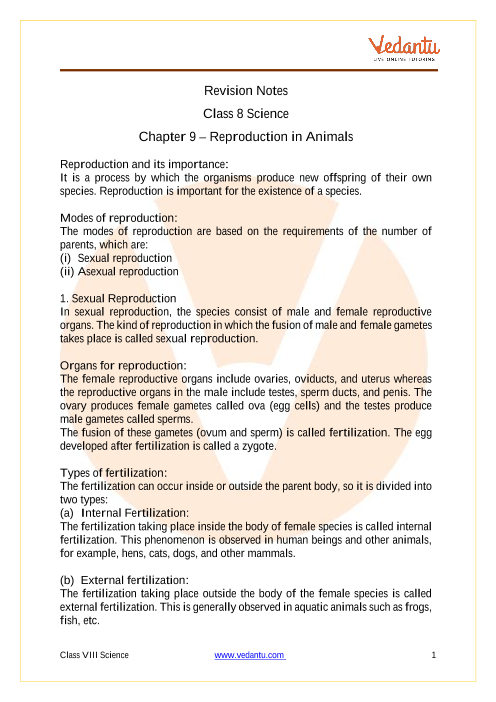 Reproduction in Animals Class 8 Chapter 9 Science Notes - Revision Notes  FREE Pdf