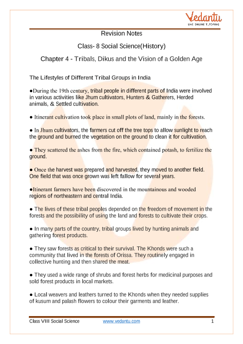 Access Class 8 Social Science (History) Chapter 4 - Tribals, Dikus and the Vision of a Golden Age Notes part-1